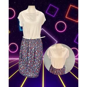 Vintage 70s Sears Fashion Place White Top Checkered A-Line Skirt Shirt Dress 10